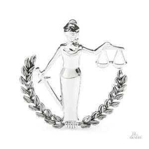 Broche symbolique de justice, glaive et balance