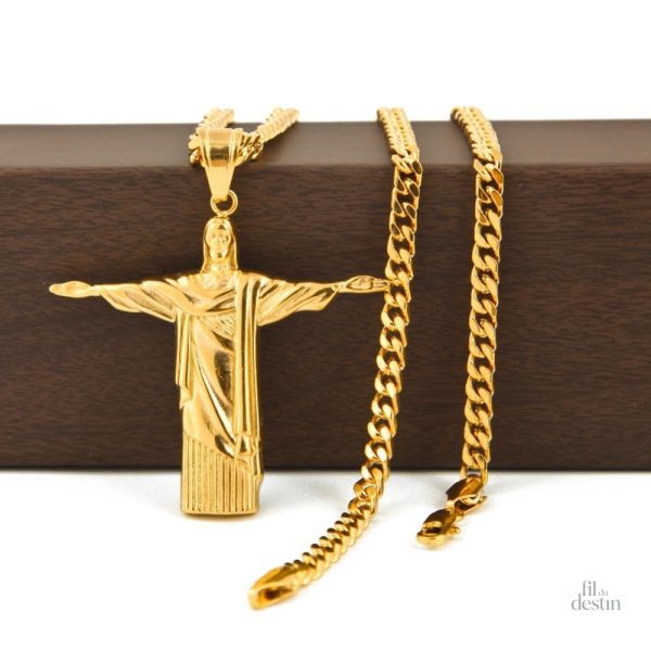 Collier porte-bonheur doré avec motif du Christ rédempteur