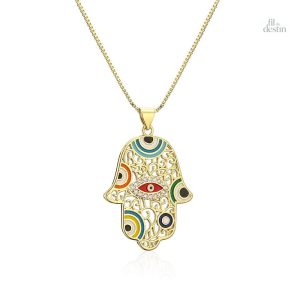 Pendentif main de Fatma avec symboles colorés