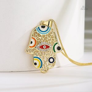 Pendentif main de Fatma aux yeux colorés, symbole de protection