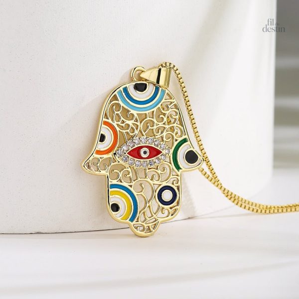 Pendentif main de Fatma aux yeux colorés, symbole de protection